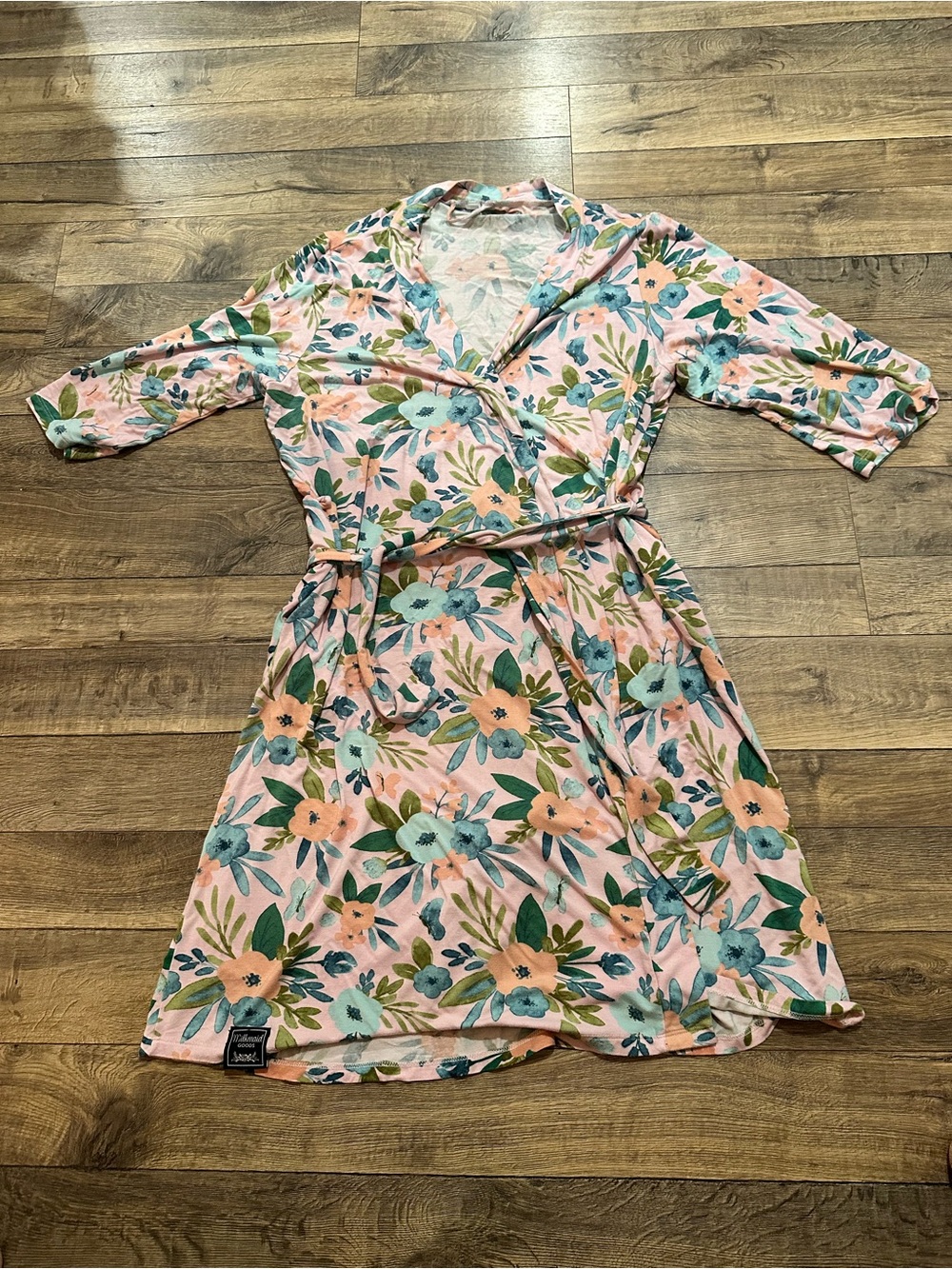 Milkmaid Goods Floral Wrap Robe in Pink with Green